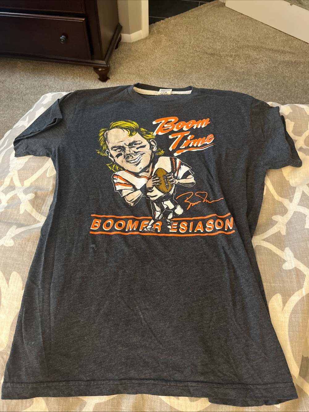 Boom Time Boomer Tee - Charcoal with Orange & White Graphic women’s large